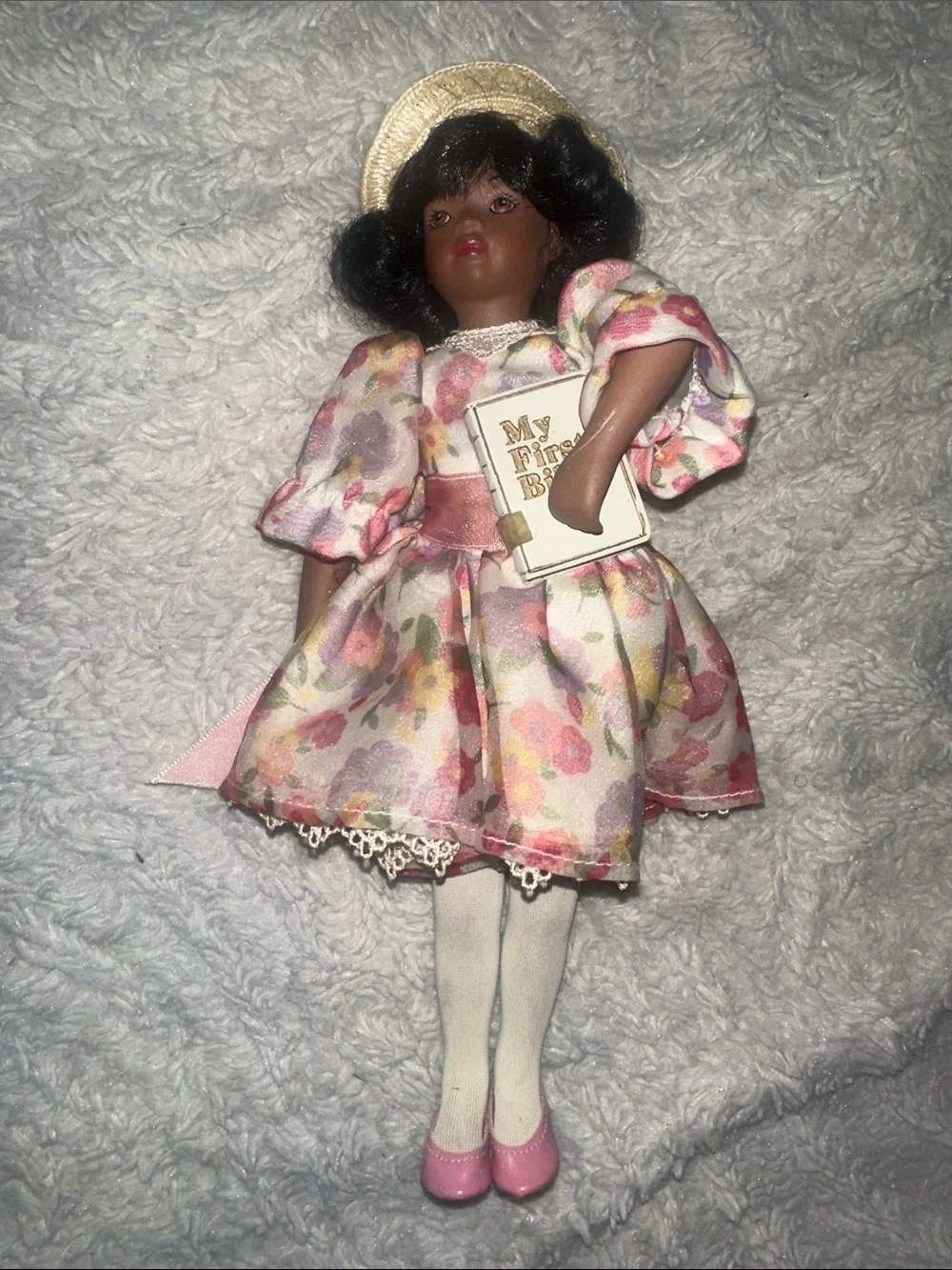 Vintage Collectible Classic Floral Porcelain Doll in Pink Dress with Book